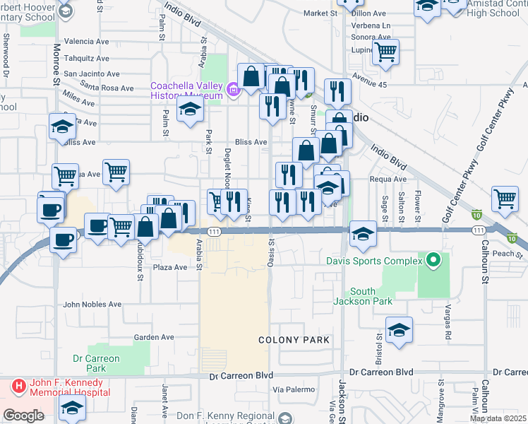 map of restaurants, bars, coffee shops, grocery stores, and more near 45895 Oasis Street in Indio
