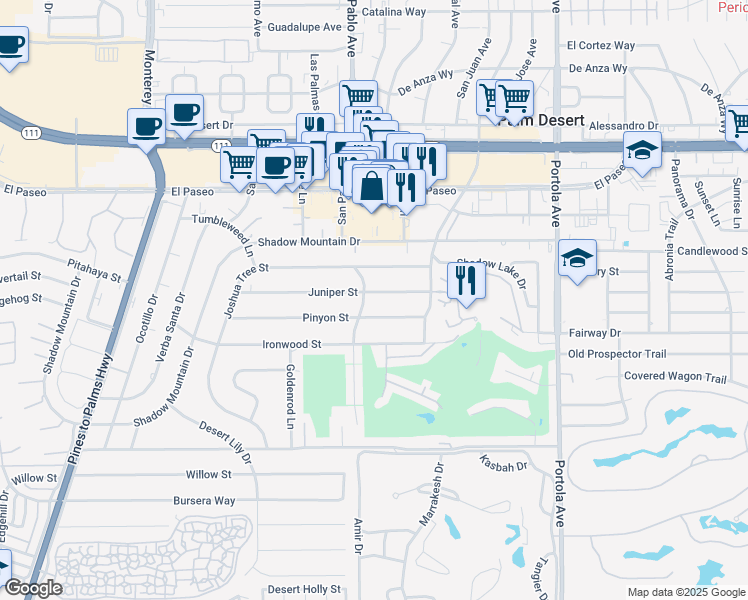 map of restaurants, bars, coffee shops, grocery stores, and more near 73543 Juniper Street in Palm Desert