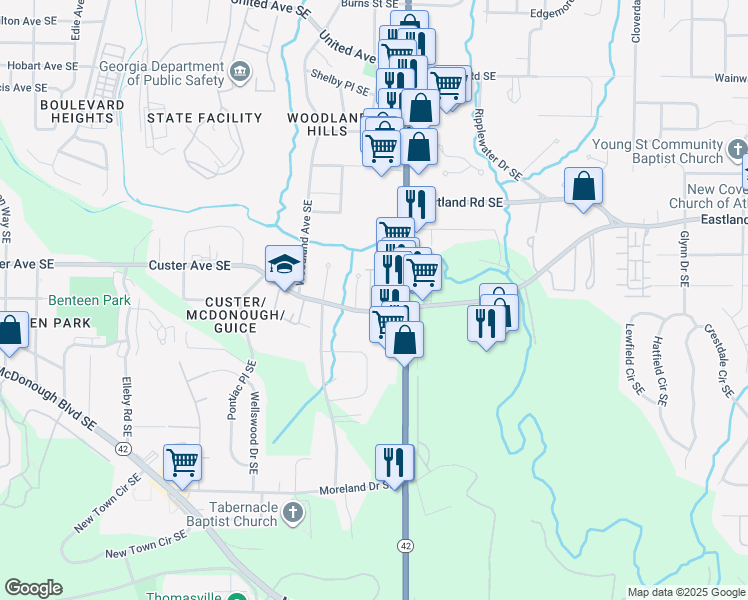 map of restaurants, bars, coffee shops, grocery stores, and more near 1406 Heights Park Drive in Atlanta