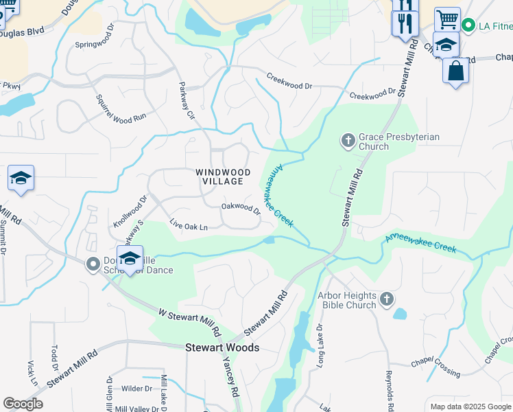 map of restaurants, bars, coffee shops, grocery stores, and more near 6573 Oakwood Drive in Douglasville