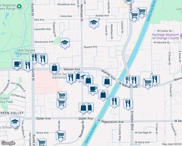 map of restaurants, bars, coffee shops, grocery stores, and more near in Fountain Valley