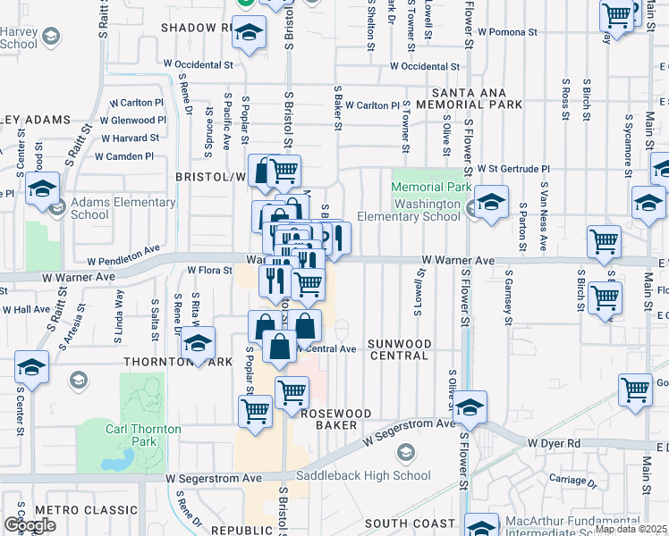 map of restaurants, bars, coffee shops, grocery stores, and more near 1120 West Warner Avenue in Santa Ana