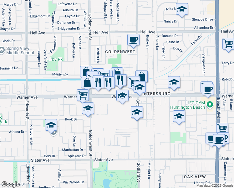 map of restaurants, bars, coffee shops, grocery stores, and more near 7211 Warner Ave in Huntington Beach