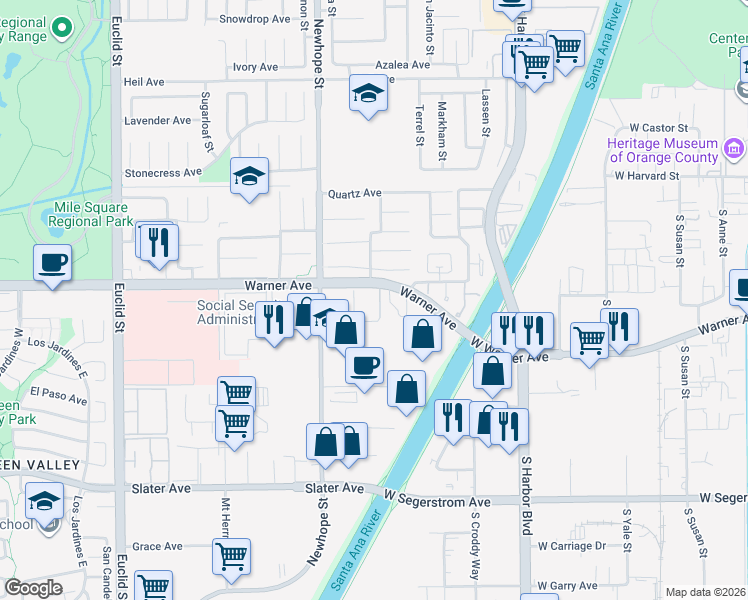 map of restaurants, bars, coffee shops, grocery stores, and more near 11630 Warner Avenue in Fountain Valley