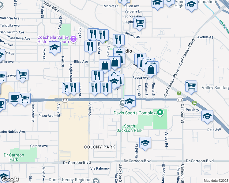 map of restaurants, bars, coffee shops, grocery stores, and more near in Indio