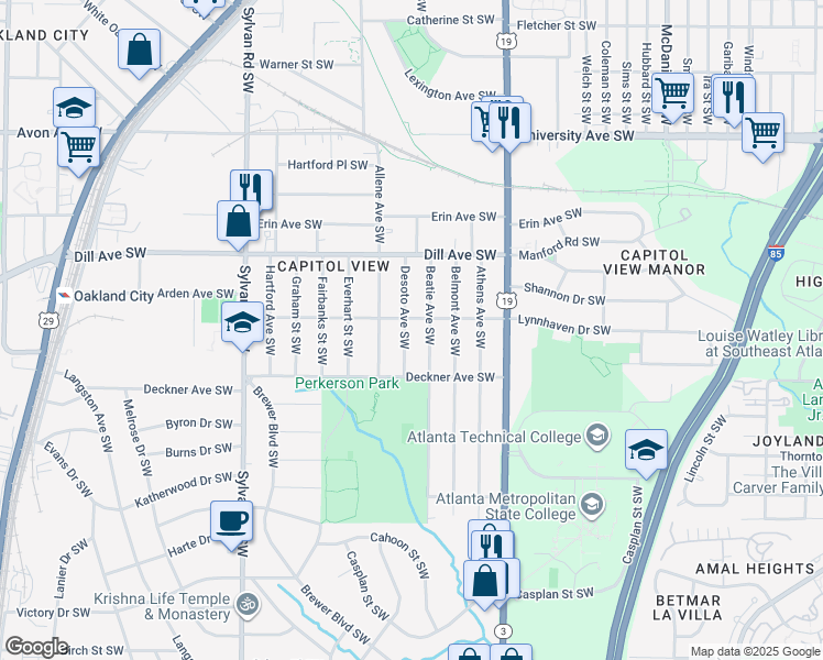 map of restaurants, bars, coffee shops, grocery stores, and more near 1439 Beatie Avenue Southwest in Atlanta
