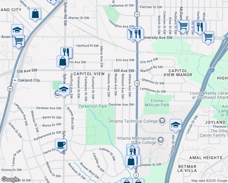 map of restaurants, bars, coffee shops, grocery stores, and more near 1439 Beatie Avenue Southwest in Atlanta