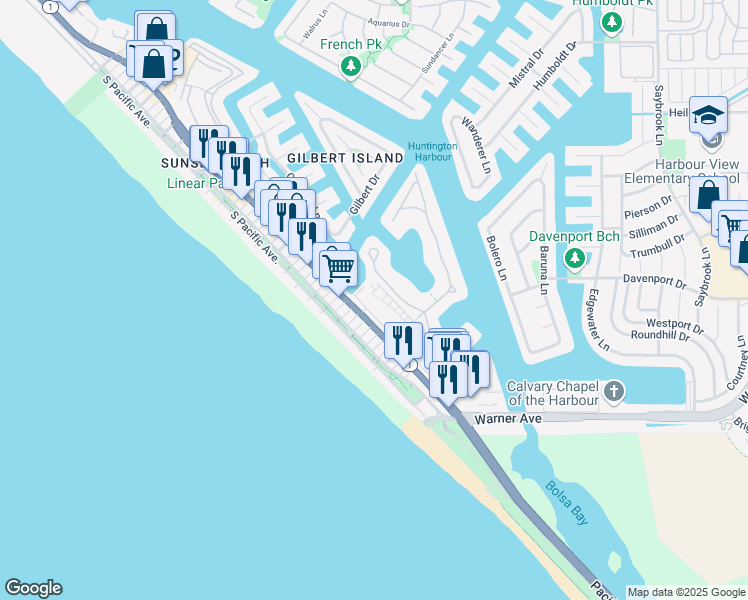 map of restaurants, bars, coffee shops, grocery stores, and more near 16862 Pacific Coast Highway in Huntington Beach