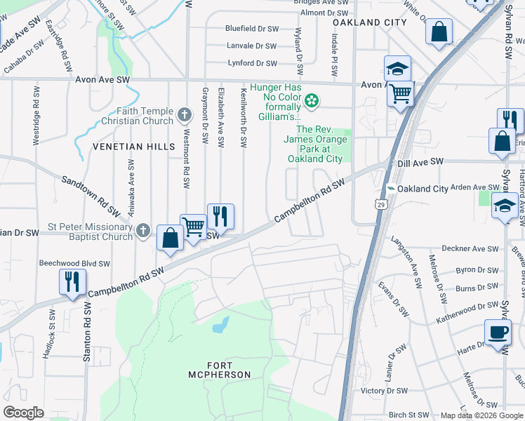 map of restaurants, bars, coffee shops, grocery stores, and more near 1437 Lorenzo Drive Southwest in Atlanta