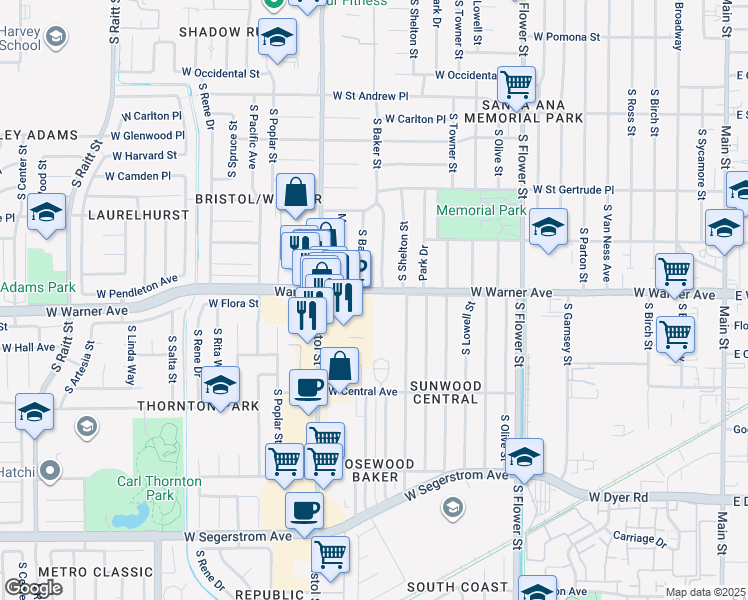 map of restaurants, bars, coffee shops, grocery stores, and more near 1120 W Warner Ave in Santa Ana