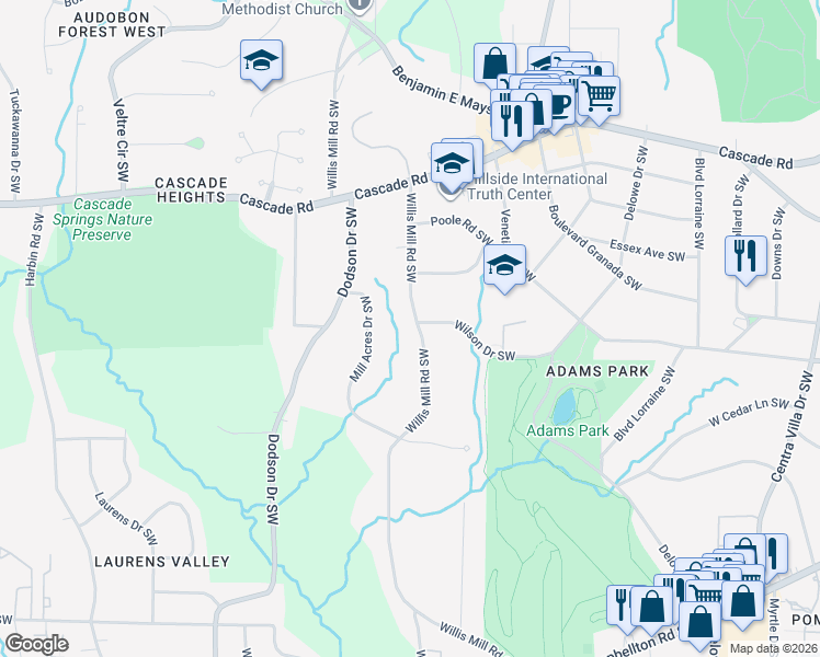 map of restaurants, bars, coffee shops, grocery stores, and more near 1469 Willis Mill Road Southwest in Atlanta