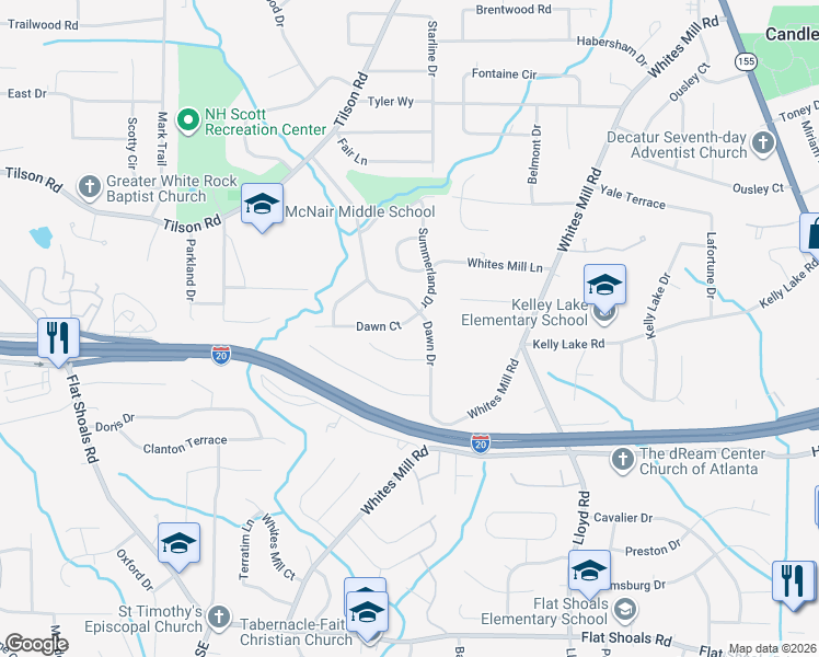 map of restaurants, bars, coffee shops, grocery stores, and more near 2385 Dawn Court in Decatur