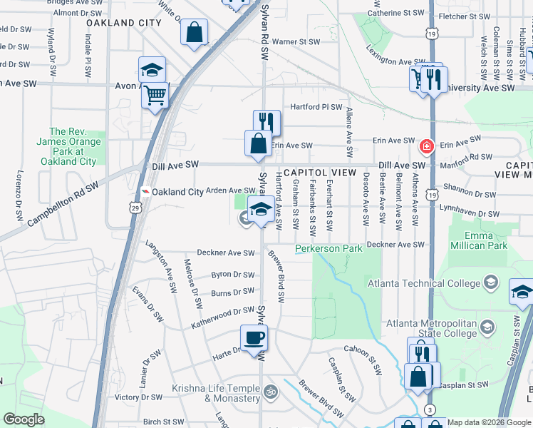 map of restaurants, bars, coffee shops, grocery stores, and more near 1430 Sylvan Road Southwest in Atlanta
