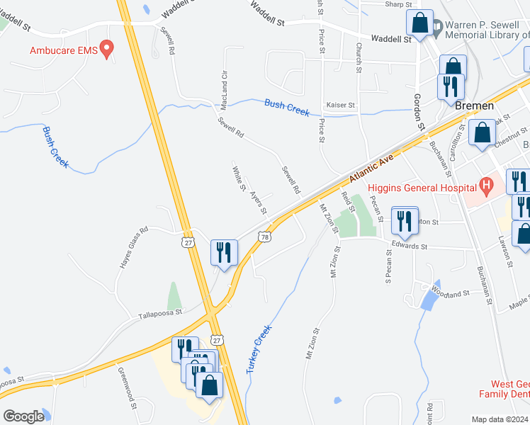 map of restaurants, bars, coffee shops, grocery stores, and more near 77 Ayers Street in Bremen