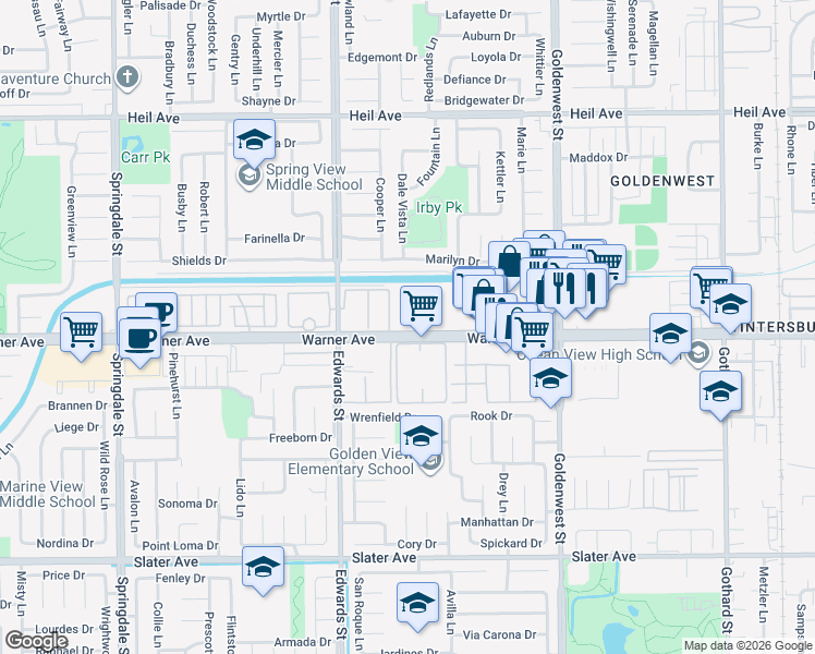 map of restaurants, bars, coffee shops, grocery stores, and more near 6662 Sun Drive in Huntington Beach
