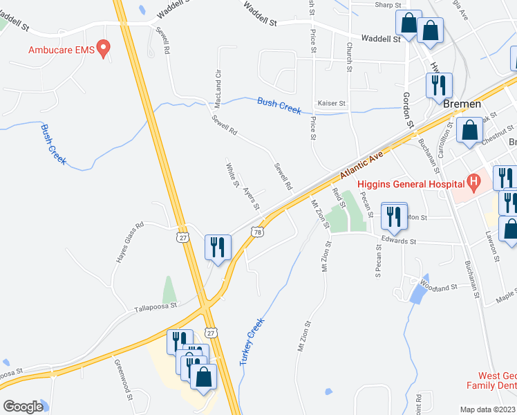 map of restaurants, bars, coffee shops, grocery stores, and more near 73 Ayers Street in Bremen