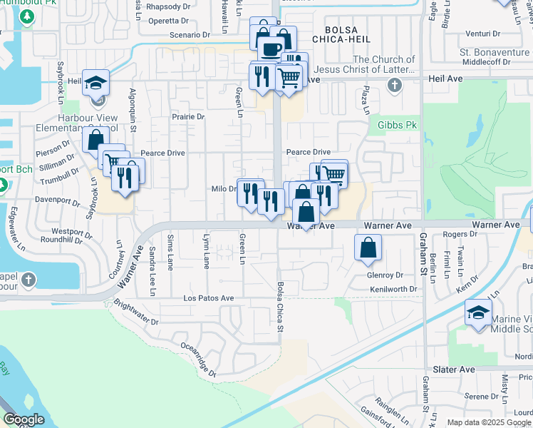 map of restaurants, bars, coffee shops, grocery stores, and more near 4911 Warner Avenue in Huntington Beach