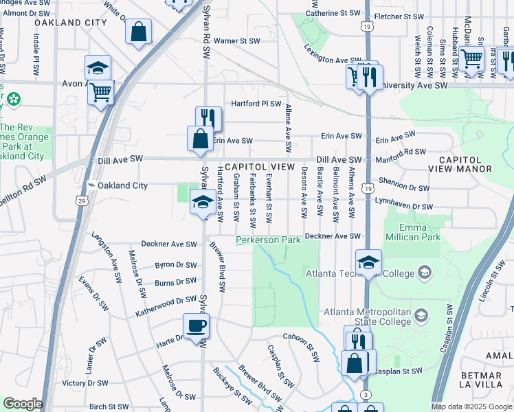 map of restaurants, bars, coffee shops, grocery stores, and more near 1430 Fairbanks Street Southwest in Atlanta