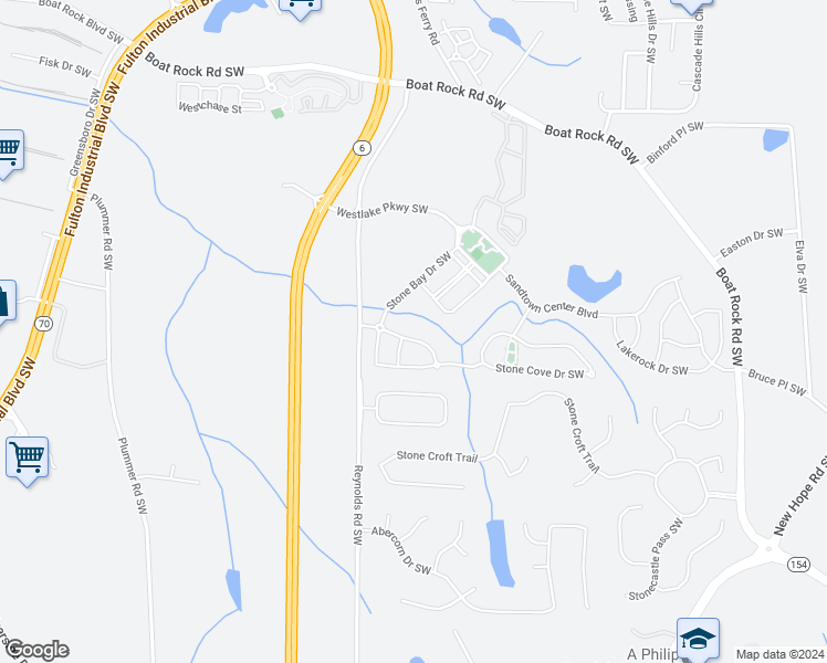 map of restaurants, bars, coffee shops, grocery stores, and more near 5561 Big Boat Drive Southwest in Atlanta