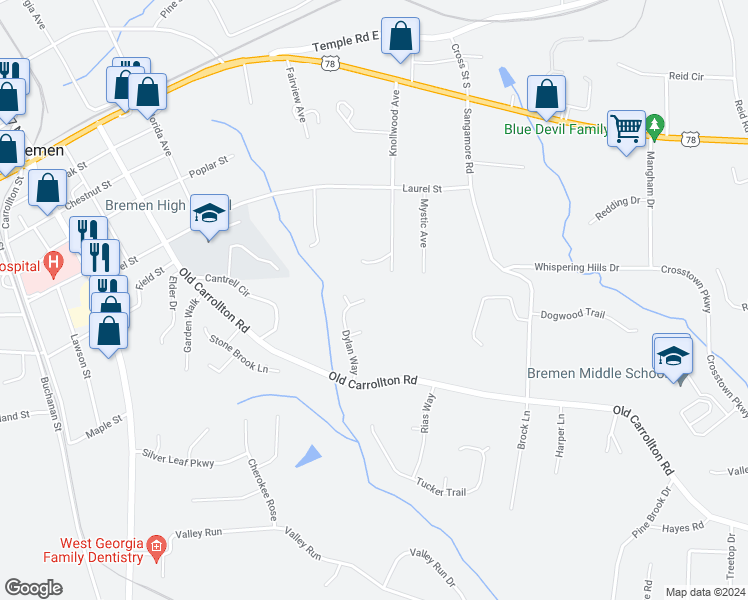 map of restaurants, bars, coffee shops, grocery stores, and more near 118 Dylan Way in Bremen