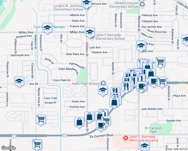 map of restaurants, bars, coffee shops, grocery stores, and more near 80123 Santa Barbara Court in Indio