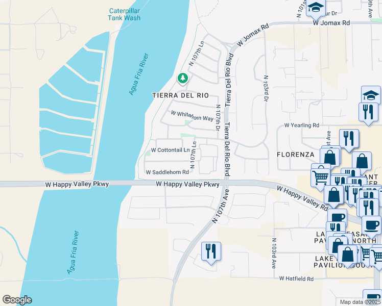 map of restaurants, bars, coffee shops, grocery stores, and more near 10768 West Avenida Del Rey in Peoria