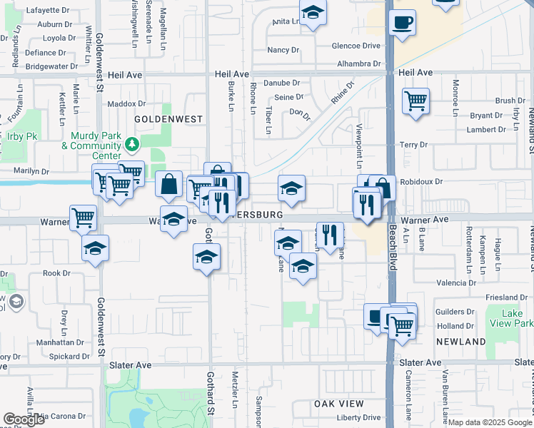 map of restaurants, bars, coffee shops, grocery stores, and more near 7571 Warner Avenue in Huntington Beach