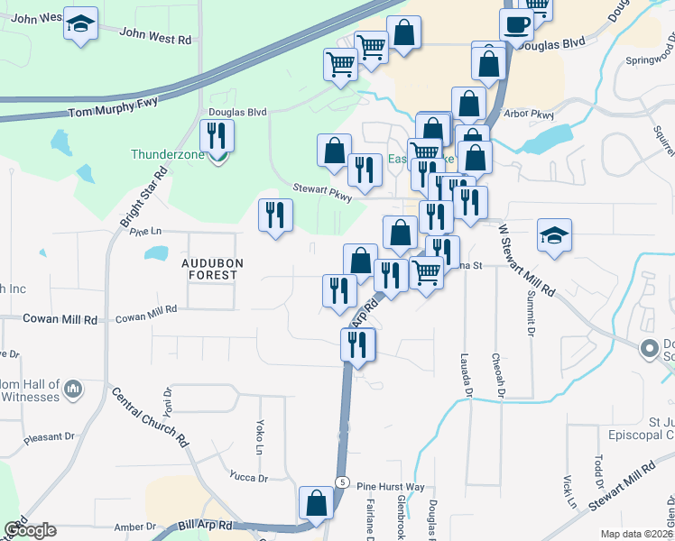 map of restaurants, bars, coffee shops, grocery stores, and more near 5970 Sutton Place in Douglasville