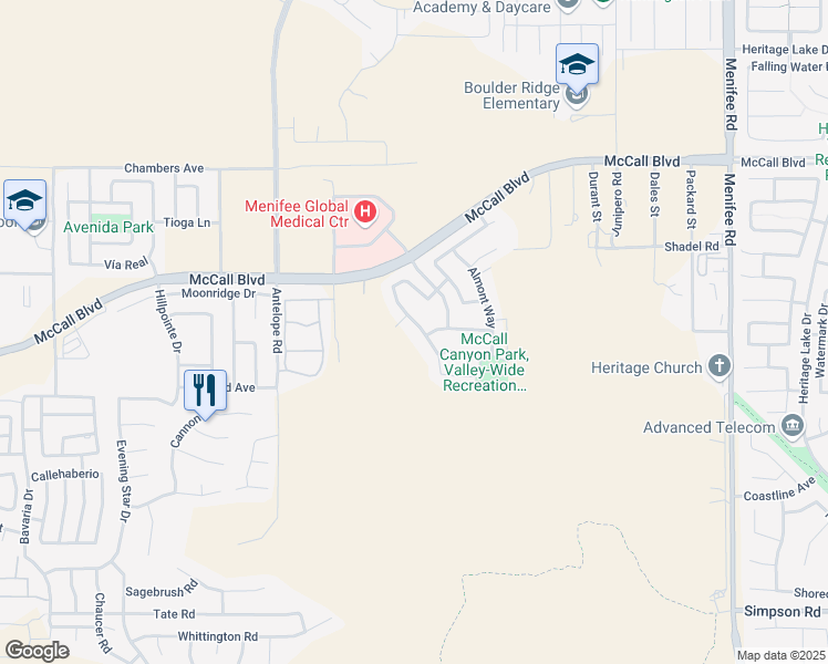 map of restaurants, bars, coffee shops, grocery stores, and more near 27849 Maywood Bend Drive in Menifee