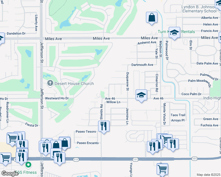 map of restaurants, bars, coffee shops, grocery stores, and more near 45888 Rutgers Street in Indio