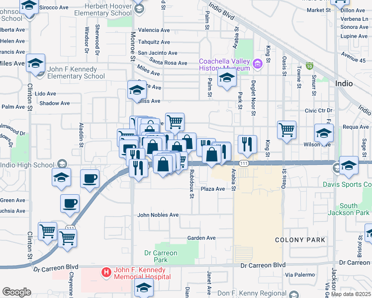 map of restaurants, bars, coffee shops, grocery stores, and more near 82-270 California 111 in Indio