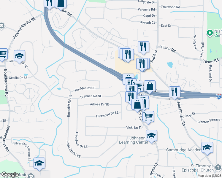 map of restaurants, bars, coffee shops, grocery stores, and more near 2431 Boulder Road Southeast in Atlanta