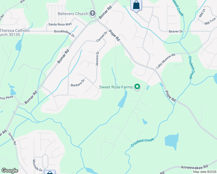 map of restaurants, bars, coffee shops, grocery stores, and more near 3301 Laura Lane in Douglasville