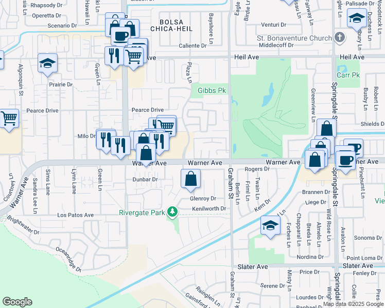 map of restaurants, bars, coffee shops, grocery stores, and more near 16951 Canyon Lane in Huntington Beach