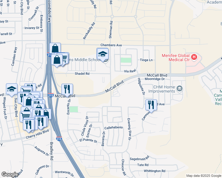 map of restaurants, bars, coffee shops, grocery stores, and more near McCall Blvd & Sherman Rd in Menifee
