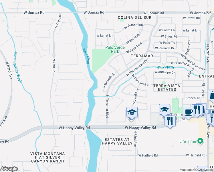 map of restaurants, bars, coffee shops, grocery stores, and more near 7456 West Honeysuckle Drive in Peoria