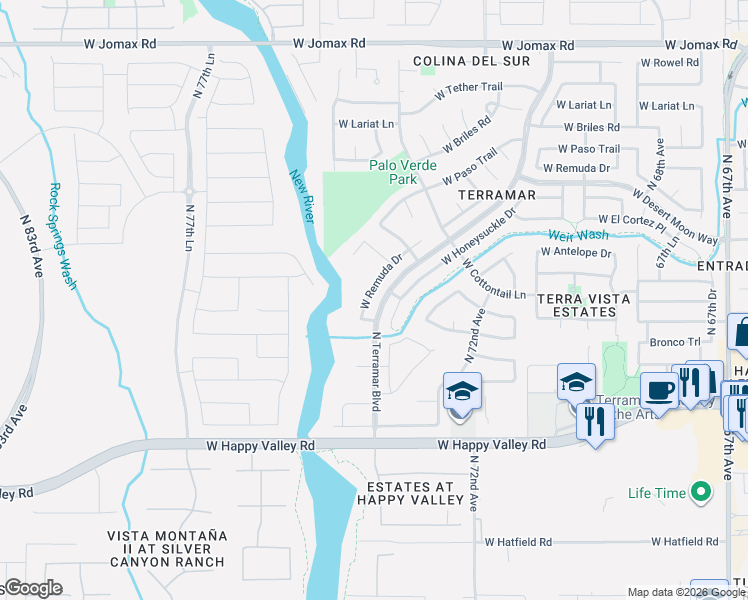 map of restaurants, bars, coffee shops, grocery stores, and more near 7456 West Honeysuckle Drive in Peoria