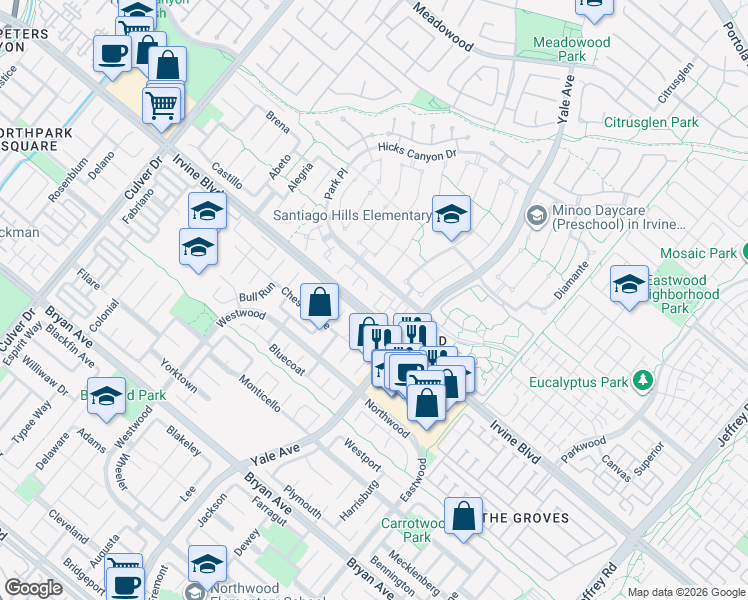 map of restaurants, bars, coffee shops, grocery stores, and more near 34 Christamon South in Irvine