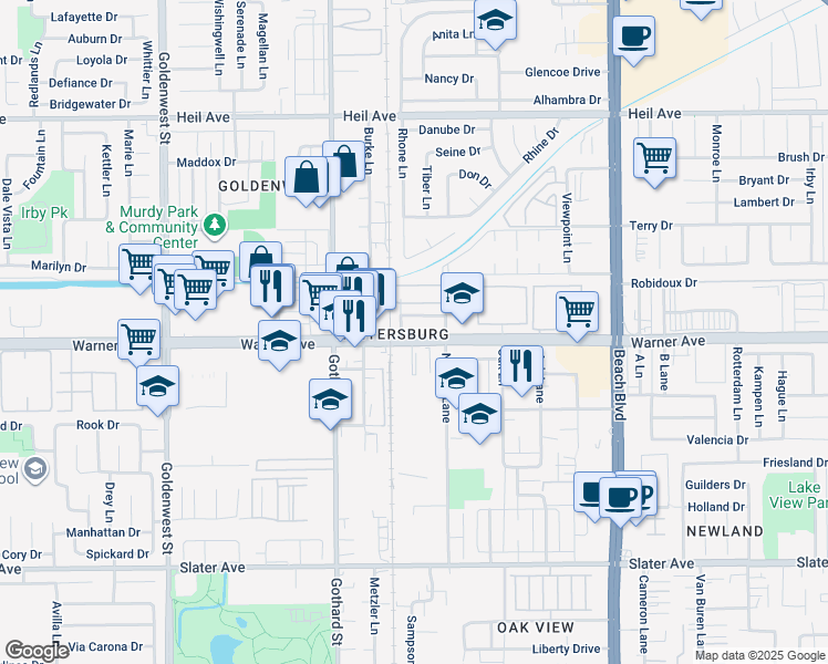 map of restaurants, bars, coffee shops, grocery stores, and more near 7511 Warner Avenue in Huntington Beach