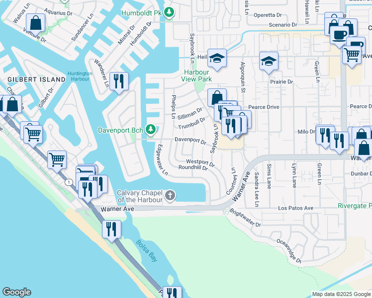 map of restaurants, bars, coffee shops, grocery stores, and more near 16972 Bedford Lane in Huntington Beach