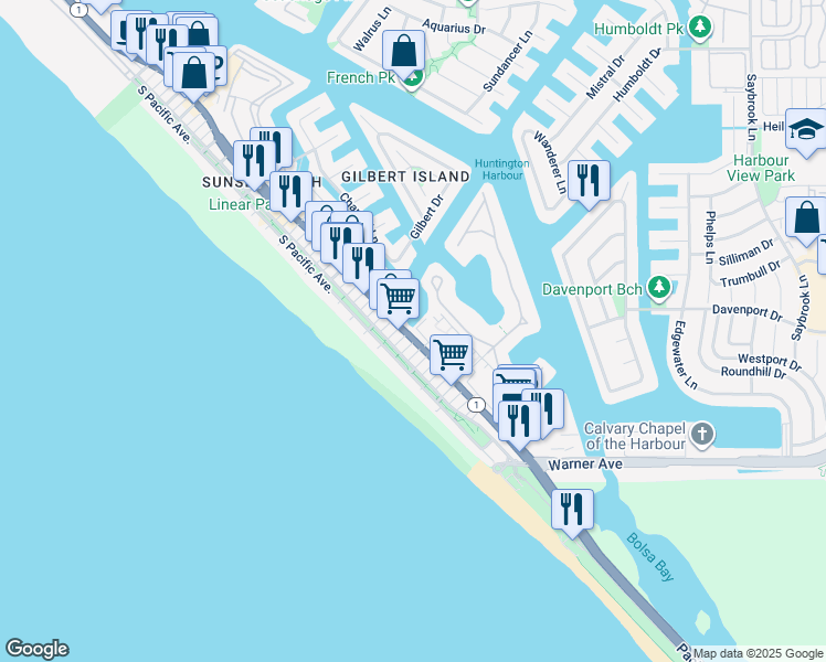 map of restaurants, bars, coffee shops, grocery stores, and more near 16975 8th Street in Huntington Beach