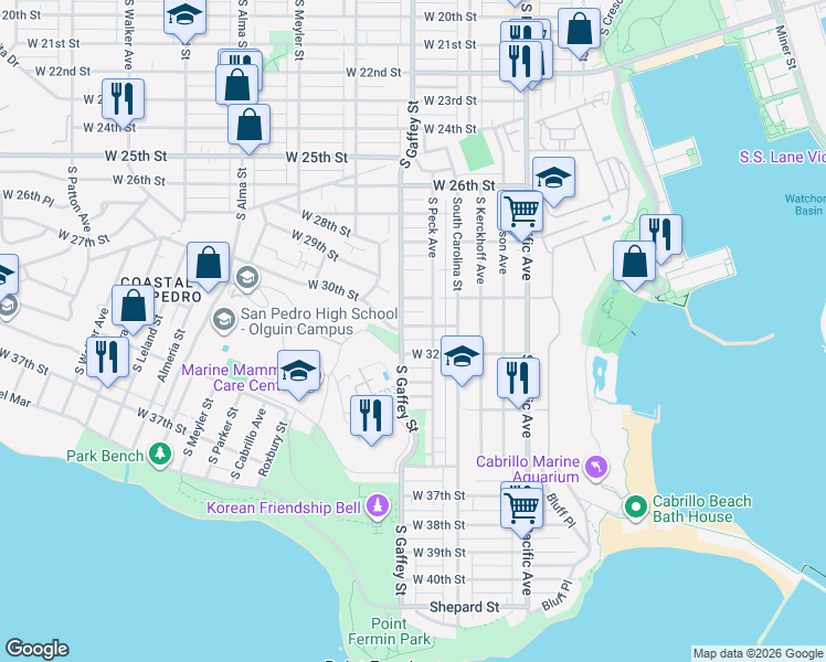 map of restaurants, bars, coffee shops, grocery stores, and more near 3138 South Gaffey Street in Los Angeles