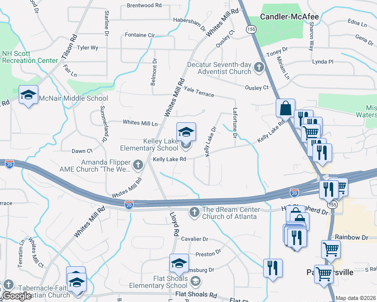 map of restaurants, bars, coffee shops, grocery stores, and more near 2614 Kelly Lake Road in Decatur