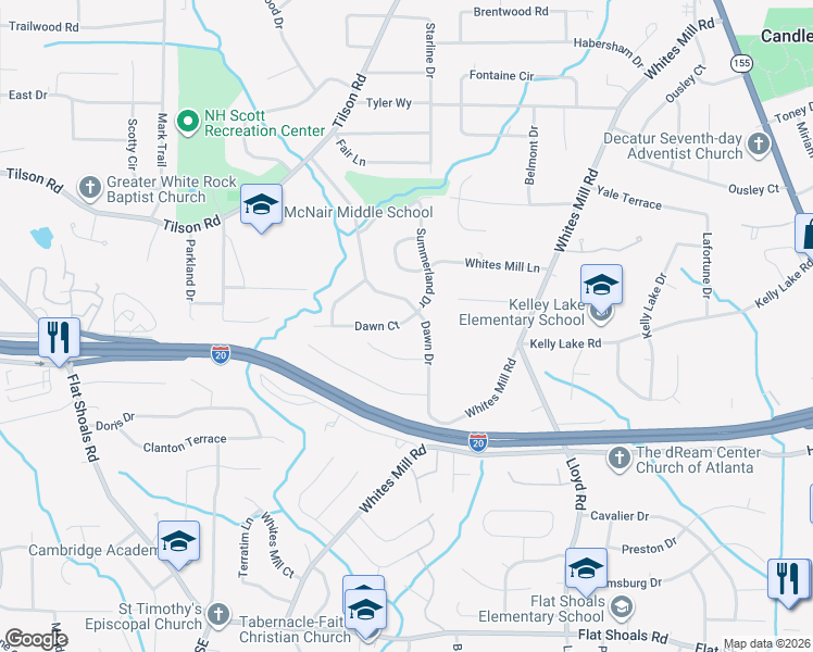 map of restaurants, bars, coffee shops, grocery stores, and more near 2385 Dawn Court in Decatur