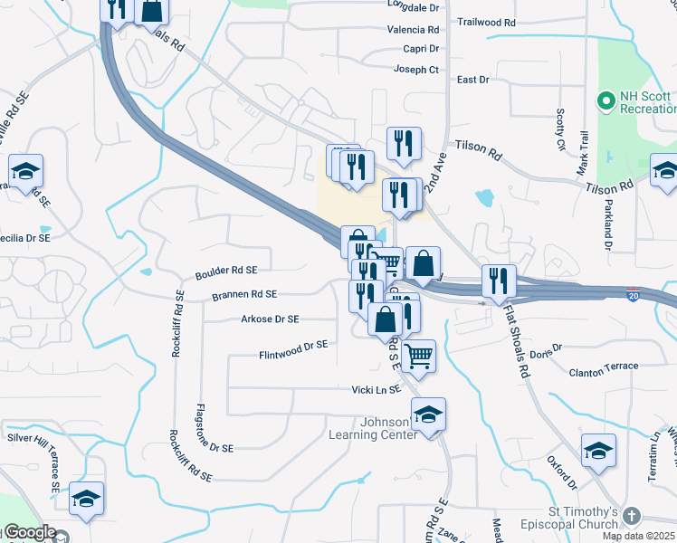map of restaurants, bars, coffee shops, grocery stores, and more near 2236 Brannen Road Southeast in Atlanta