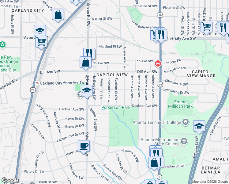 map of restaurants, bars, coffee shops, grocery stores, and more near 1444 Everhart Street Southwest in Atlanta