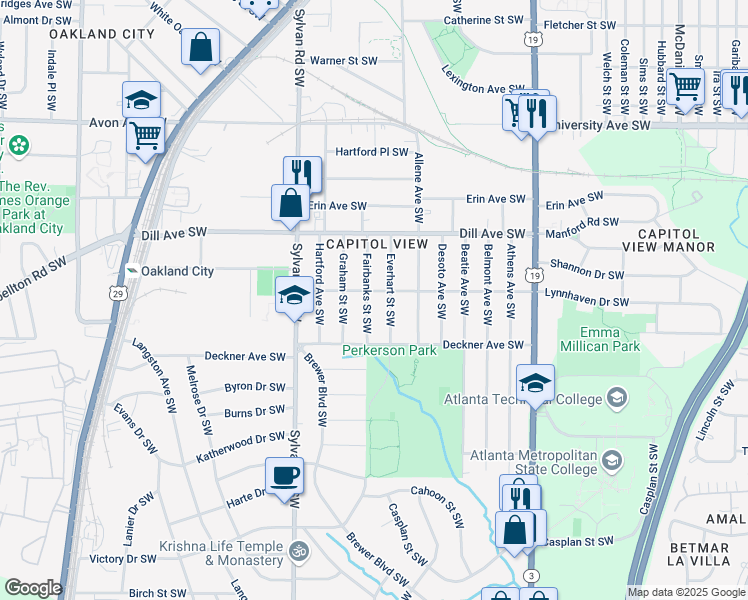 map of restaurants, bars, coffee shops, grocery stores, and more near 1430 Fairbanks Street Southwest in Atlanta