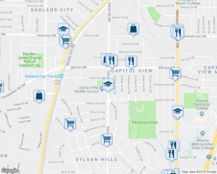 map of restaurants, bars, coffee shops, grocery stores, and more near 1424 Sylvan Rd in Atlanta