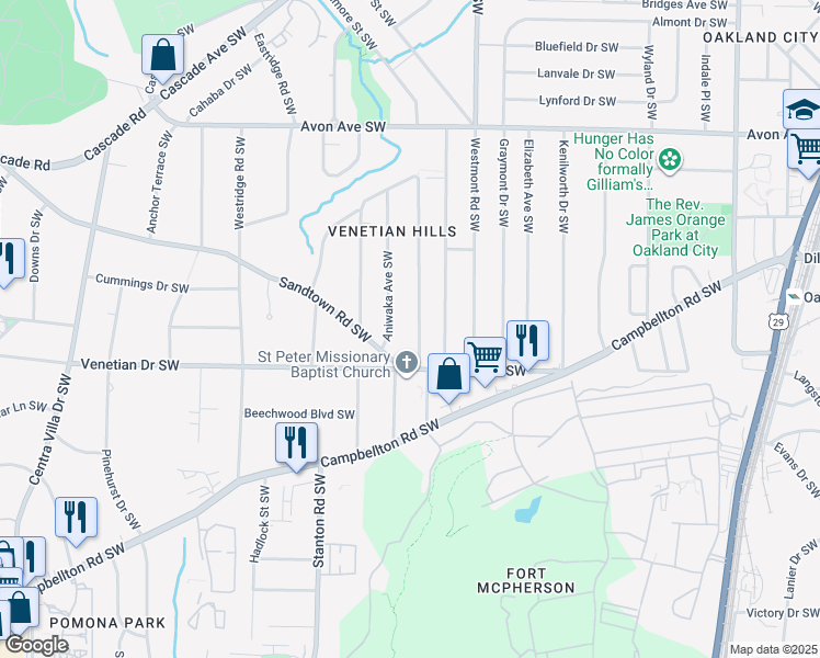 map of restaurants, bars, coffee shops, grocery stores, and more near 1460 Willow Trail Southwest in Atlanta