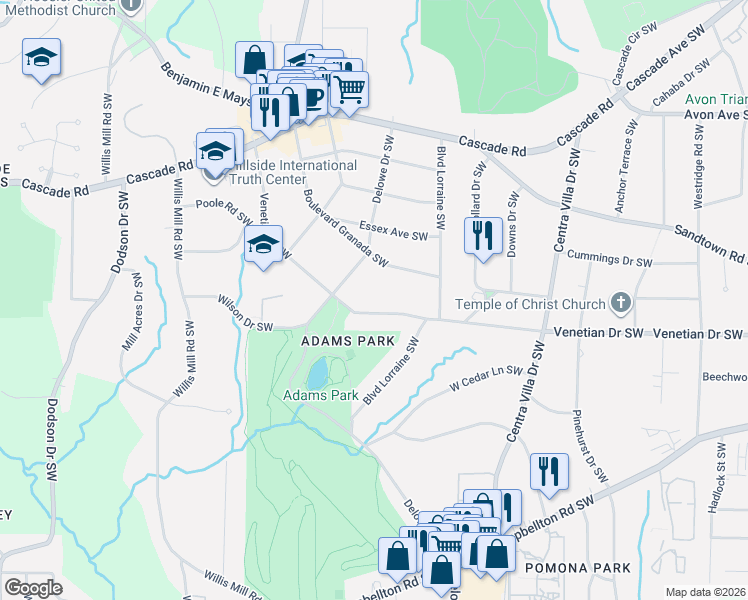 map of restaurants, bars, coffee shops, grocery stores, and more near 2211 Venetian Drive Southwest in Atlanta